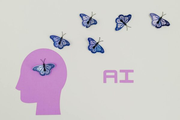 Surreal AI conceptual art featuring butterflies and a human head silhouette in a minimalistic style.