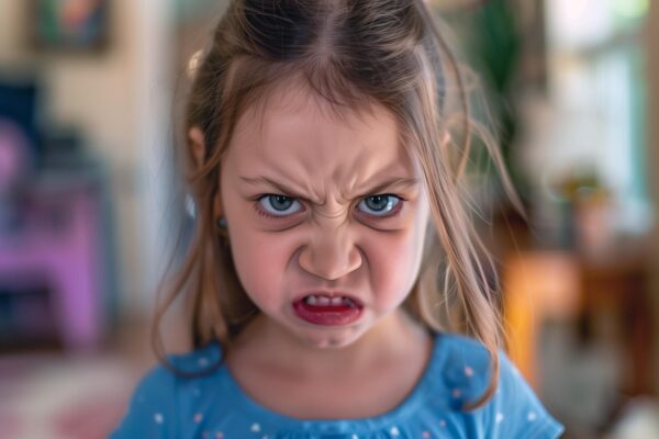 little, girl, child, angry, expressive, blue dress, polka dots, tantrum, emotion, fierce, dramatic, mood, attitude, intensity, realism, facial, expression, vivid, colors, ai generated