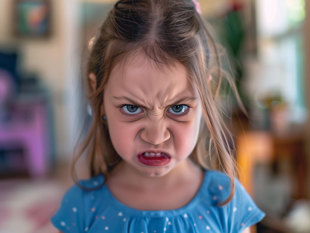 little, girl, child, angry, expressive, blue dress, polka dots, tantrum, emotion, fierce, dramatic, mood, attitude, intensity, realism, facial, expression, vivid, colors, ai generated