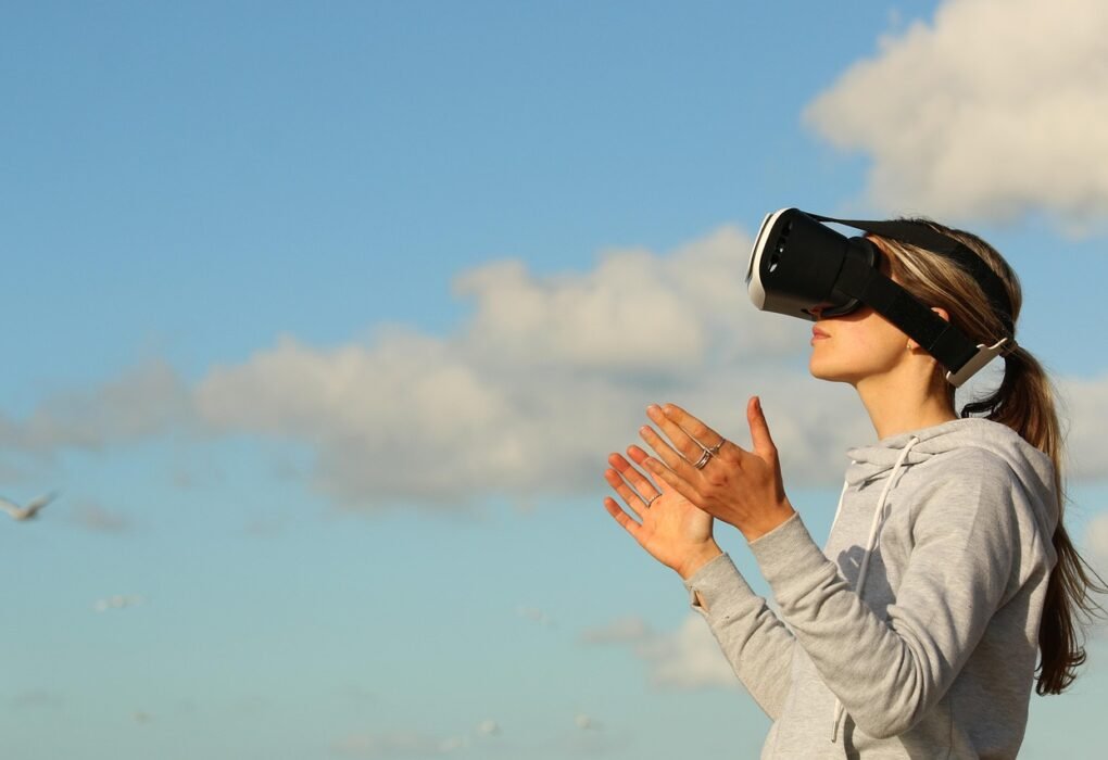 woman, virtual reality, game, clouds, ar, nature, augmented reality, metaverse, female, girl, outdoors, person, side view, sky, open arms