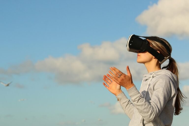 woman, virtual reality, game, clouds, ar, nature, augmented reality, metaverse, female, girl, outdoors, person, side view, sky, open arms