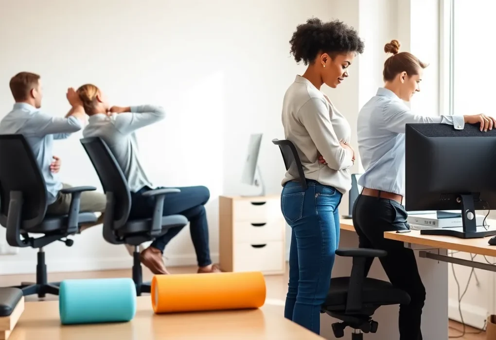 Person stretching lower back at desk after long workday