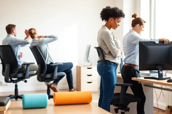 Person stretching lower back at desk after long workday