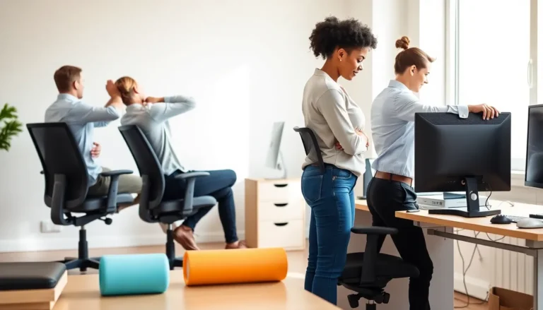 Person stretching lower back at desk after long workday