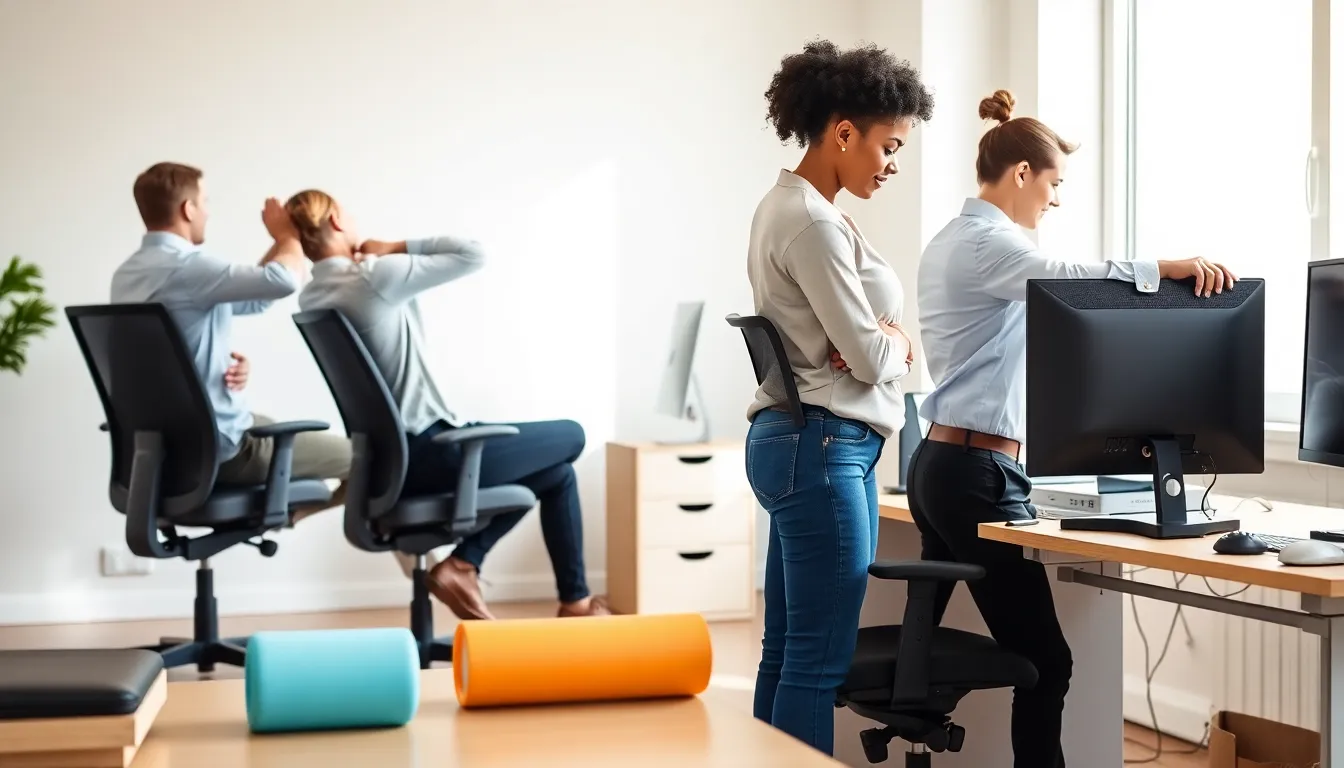 Person stretching lower back at desk after long workday
