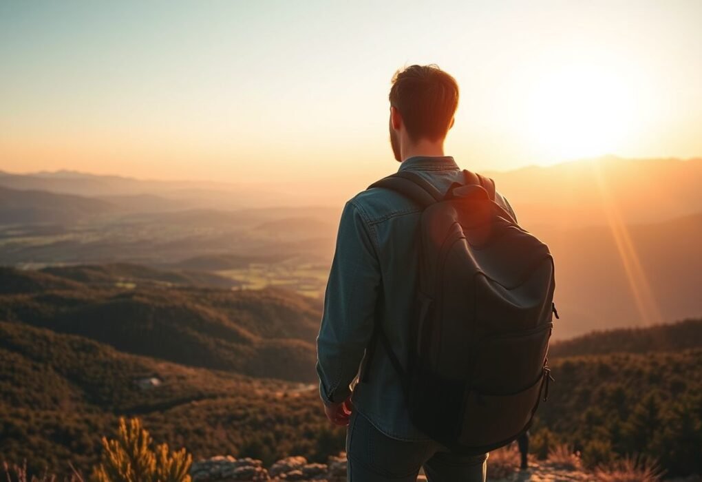 Solo traveler with a backpack overlooking a mountain valley at golden hour