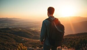 Solo traveler with a backpack overlooking a mountain valley at golden hour