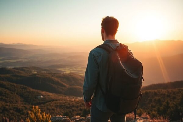 Solo traveler with a backpack overlooking a mountain valley at golden hour