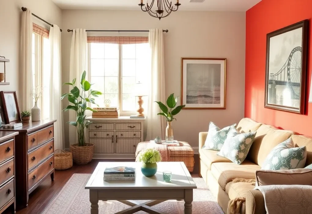 Stylish budget-friendly living room with upcycled furniture and thrifted decor items