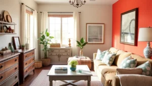 Stylish budget-friendly living room with upcycled furniture and thrifted decor items