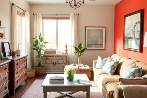 Stylish budget-friendly living room with upcycled furniture and thrifted decor items