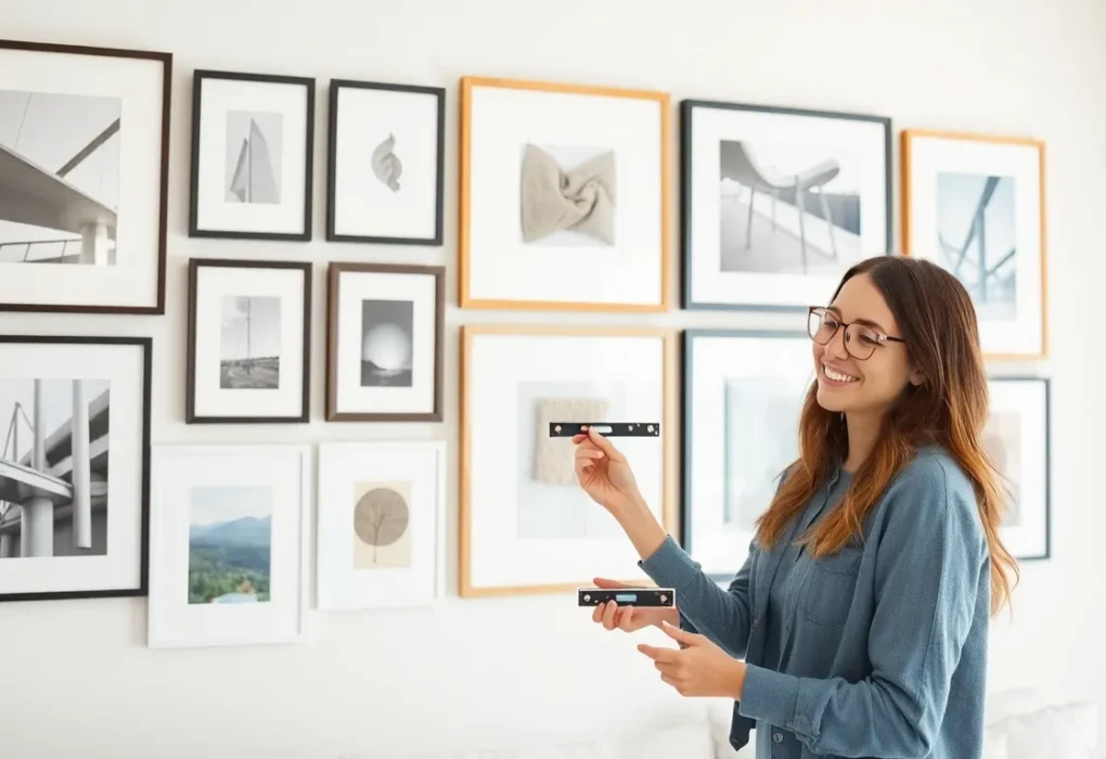organized gallery wall with mixed frames and artwork in modern home