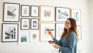 organized gallery wall with mixed frames and artwork in modern home