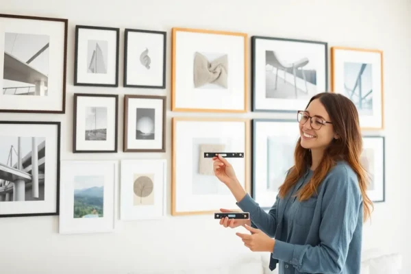 organized gallery wall with mixed frames and artwork in modern home