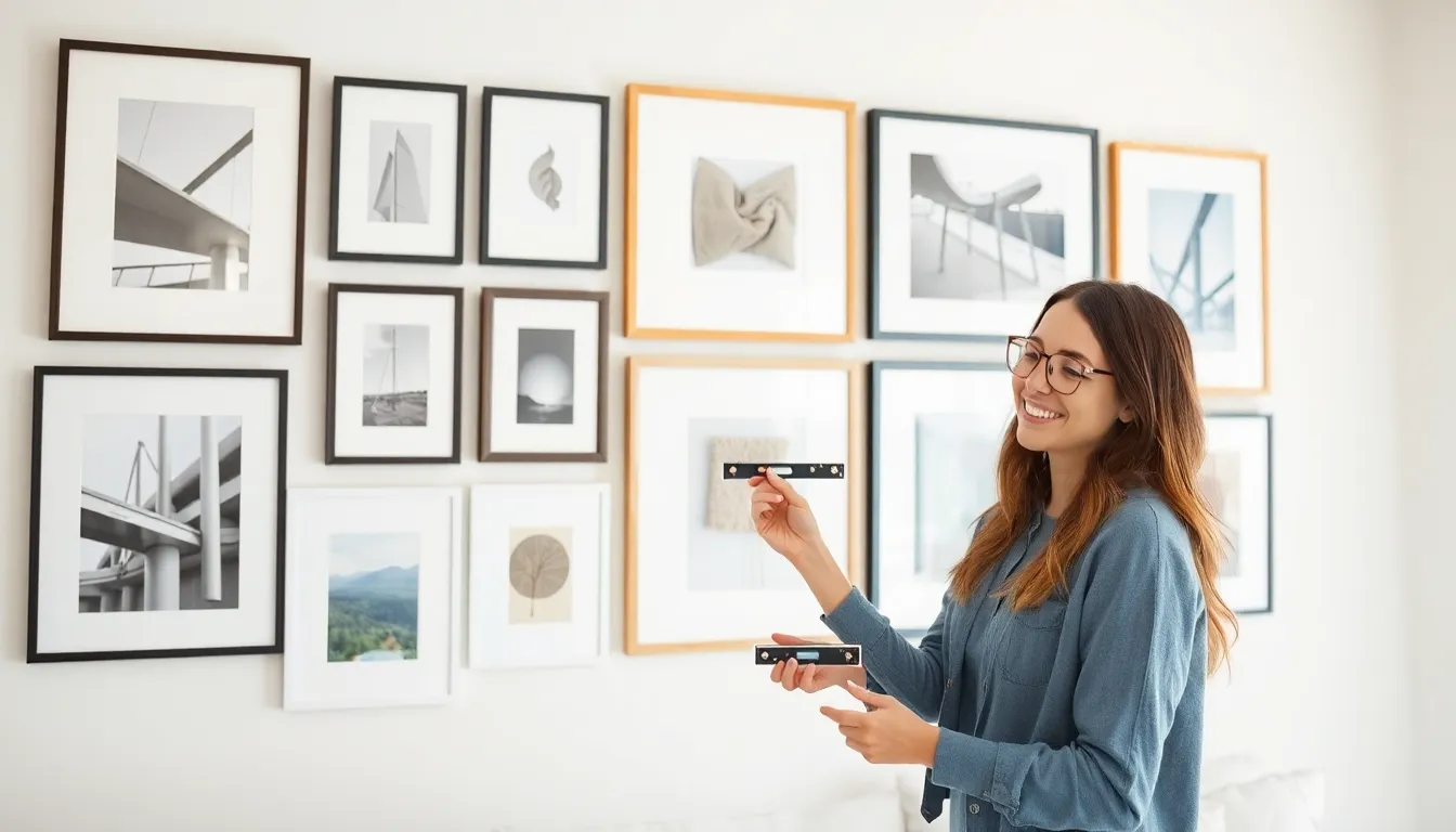 organized gallery wall with mixed frames and artwork in modern home