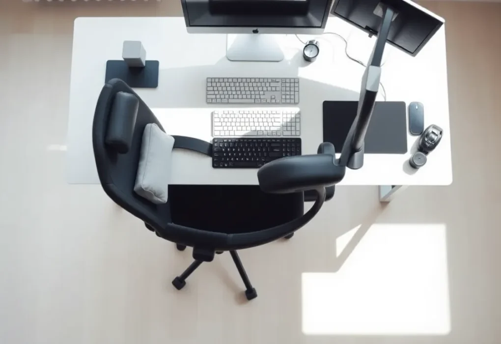 proper desk sitting posture with ergonomic chair and monitor setup