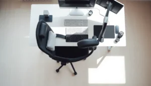 proper desk sitting posture with ergonomic chair and monitor setup