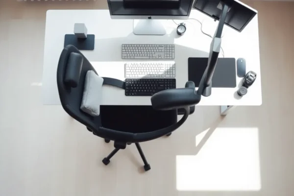 proper desk sitting posture with ergonomic chair and monitor setup