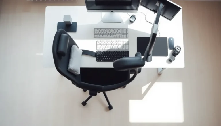 proper desk sitting posture with ergonomic chair and monitor setup