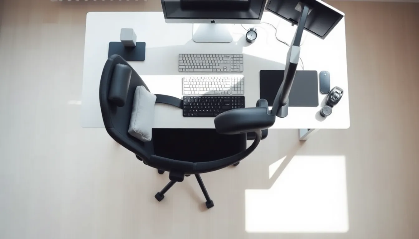 proper desk sitting posture with ergonomic chair and monitor setup