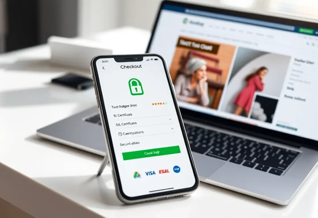 Professional online store website displayed on laptop showing trust elements and secure checkout