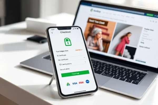 Professional online store website displayed on laptop showing trust elements and secure checkout
