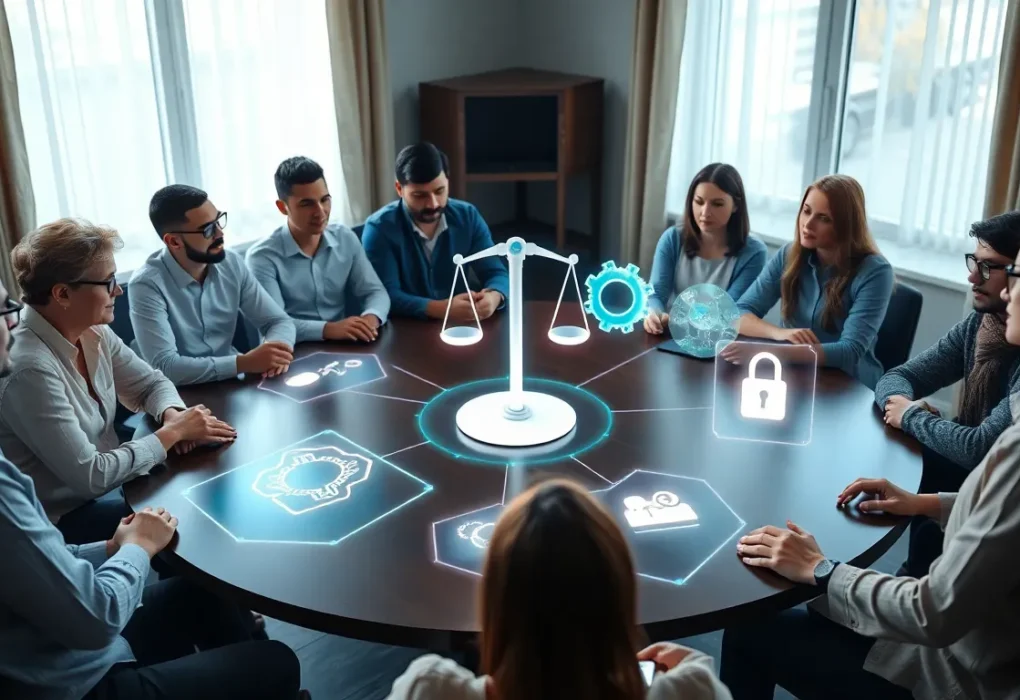 conceptual illustration showing AI ethics challenges and human oversight