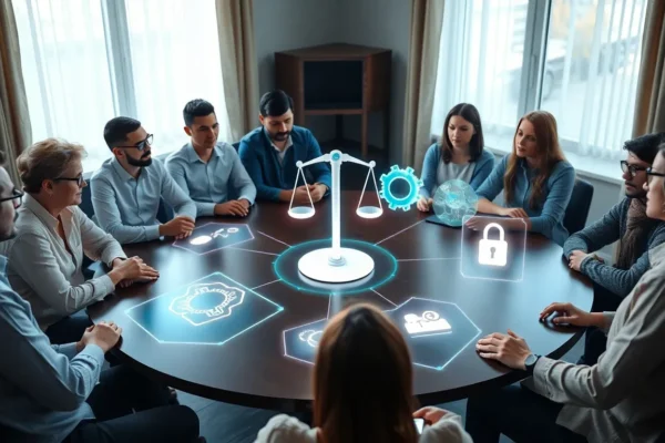 conceptual illustration showing AI ethics challenges and human oversight