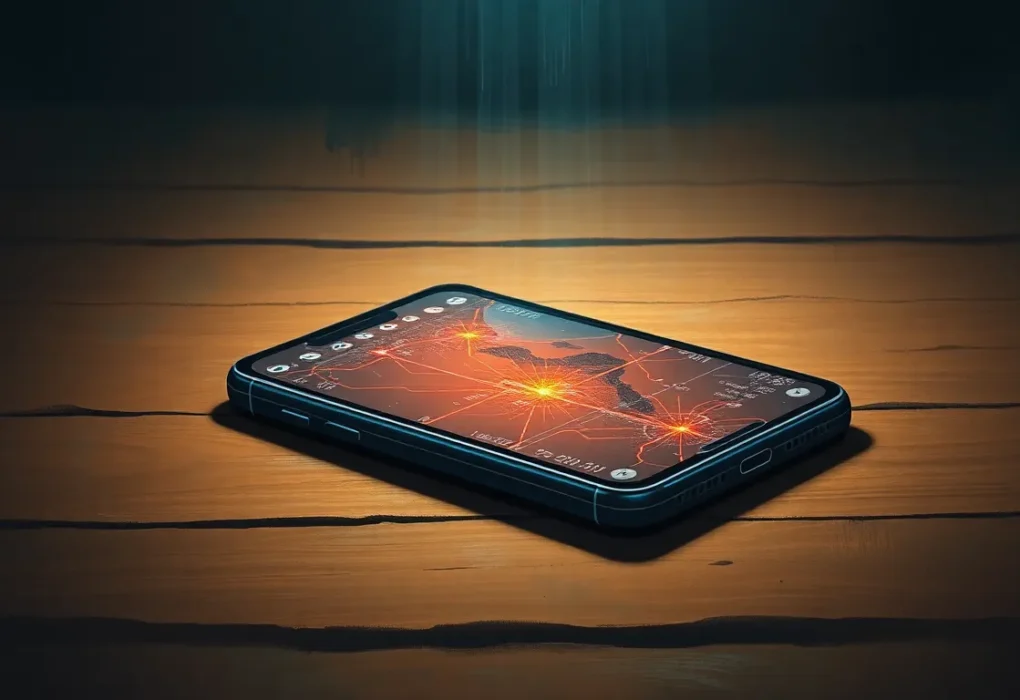 Phone glowing with app icons and route lines, faint circuit patterns behind it