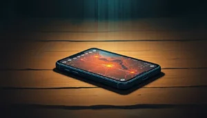 Phone glowing with app icons and route lines, faint circuit patterns behind it