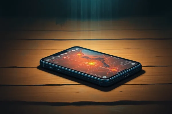 Phone glowing with app icons and route lines, faint circuit patterns behind it