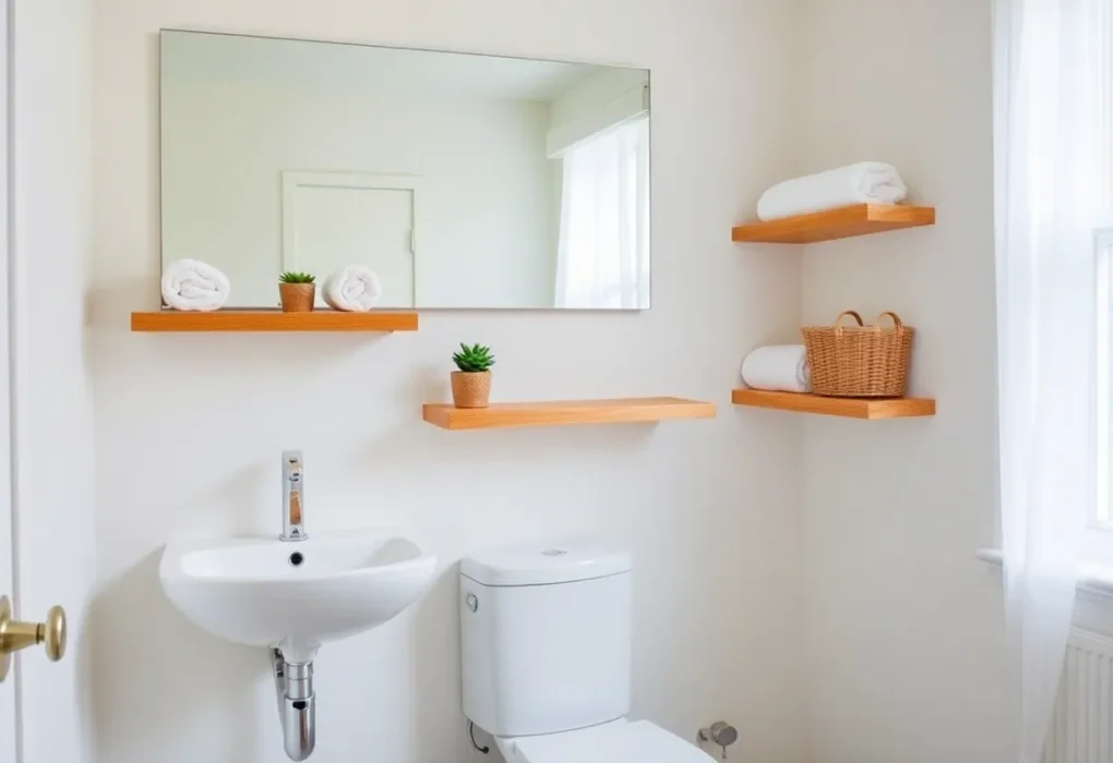 organized small bathroom with floating shelves and vertical storage solutions