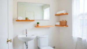organized small bathroom with floating shelves and vertical storage solutions