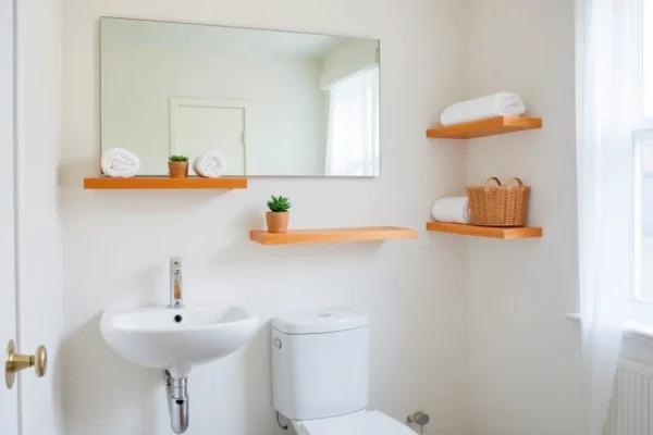 organized small bathroom with floating shelves and vertical storage solutions
