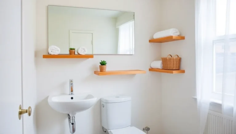 organized small bathroom with floating shelves and vertical storage solutions
