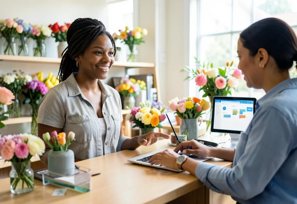 Small business owner reviewing AI workflow on laptop