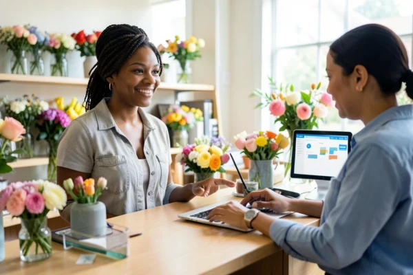 Small business owner reviewing AI workflow on laptop