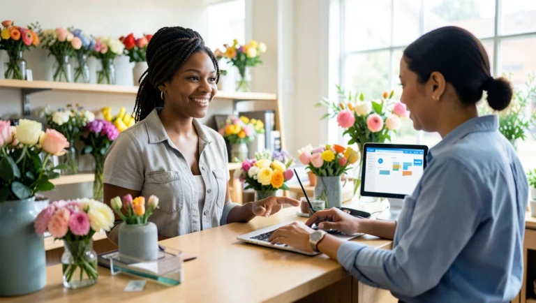 Small business owner reviewing AI workflow on laptop