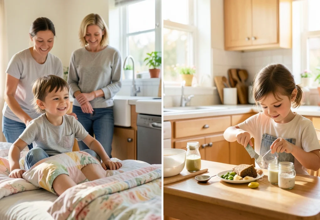 parent watching child complete household task independently