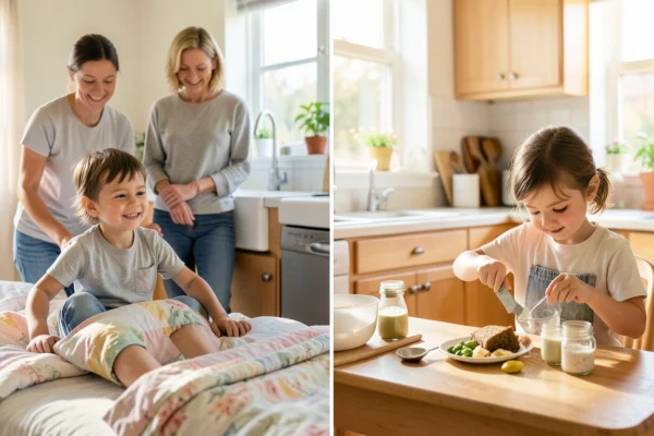parent watching child complete household task independently