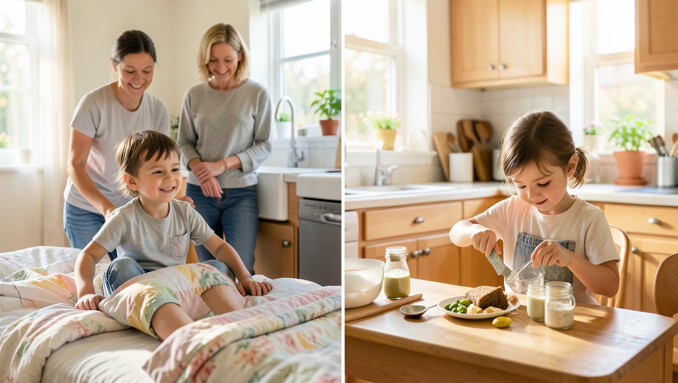 parent watching child complete household task independently