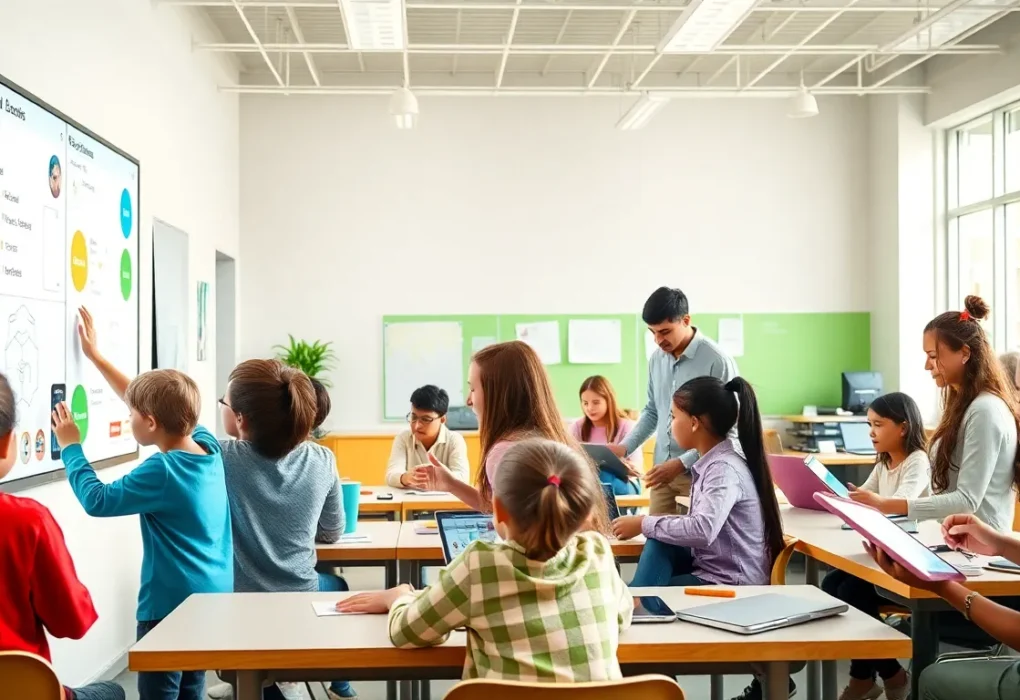 students using digital devices and computers in modern classroom