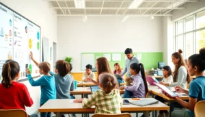 students using digital devices and computers in modern classroom