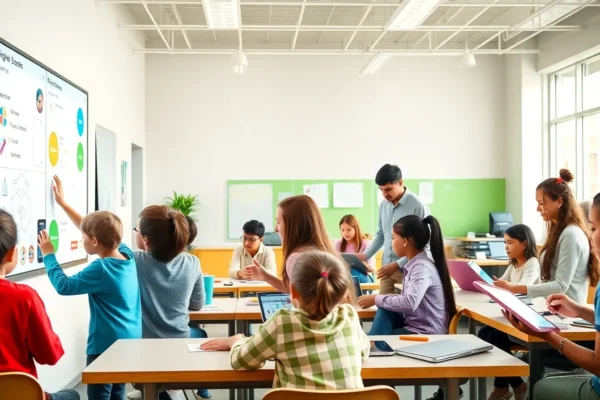 students using digital devices and computers in modern classroom